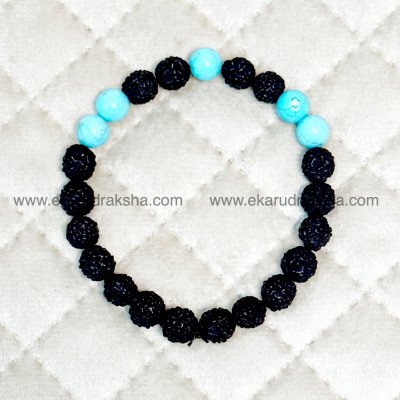 Black 5 mukhi rudraksha turquoise firoza bracelet negativity protection stress reduction communication balance Vishuddha throat chakra clear hand band