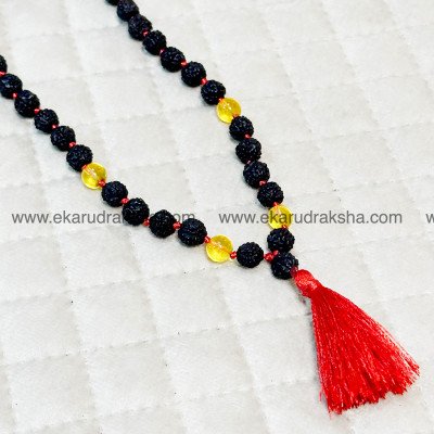 Black 5 Mukhi Rudraksha Yellow Citrine 8 mm 108 Mala Shiva kalaagni Rudra energy creativity protection Solar plexus Manipura clear Necklace