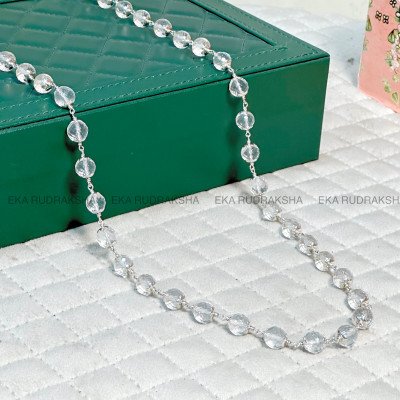 Sphatik diamond cut 10 mm pure silver mala 54 beads designer original quartz crystal necklace